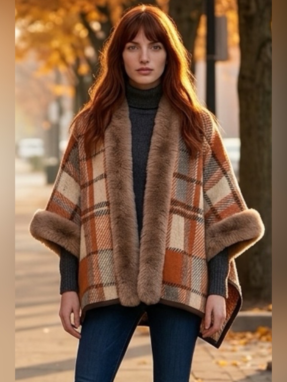 Vince Camuto NWT Faux Fur Trim Plaid Poncho Wrap One Size Fall MSRP $98